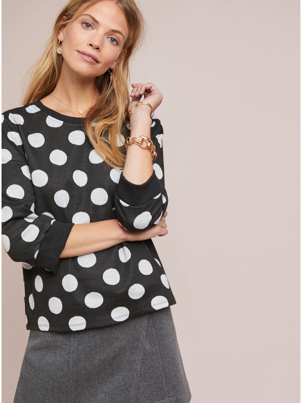 NWOT Anthropologie Blue Tassel Black Polka Dot Sweatshirt Size Small